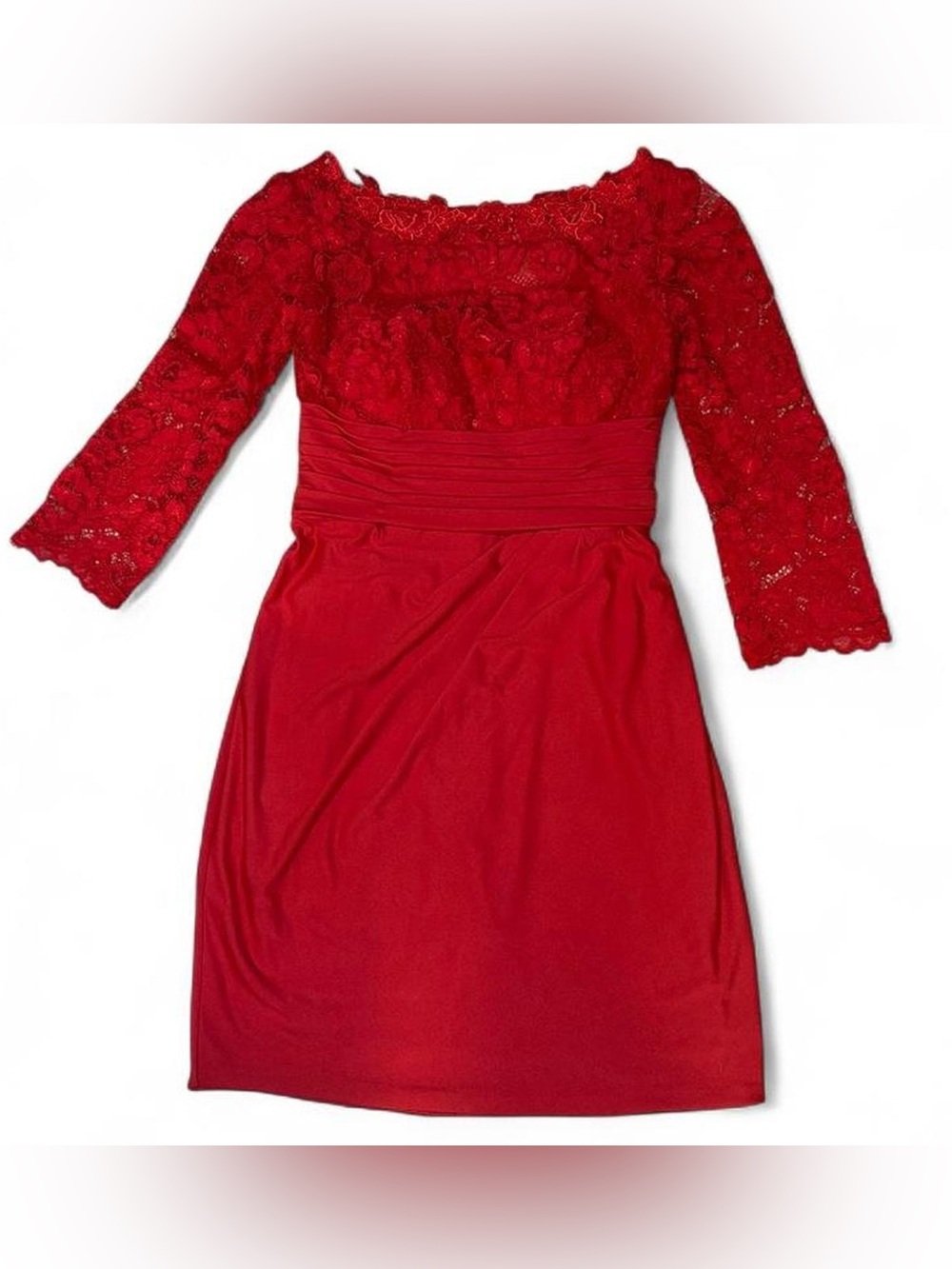 Elegant Red Cocktail Dress with Sheer Lace Overlay and 3/4 Sleeve Size 4